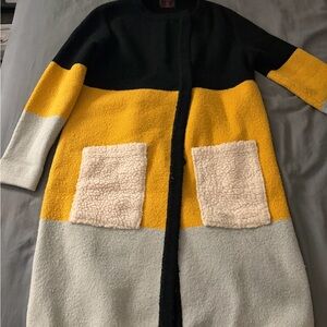 Colorblock Wool Blend Pea Coat with Sherpa Pockets - Black, Yellow, Light Gray